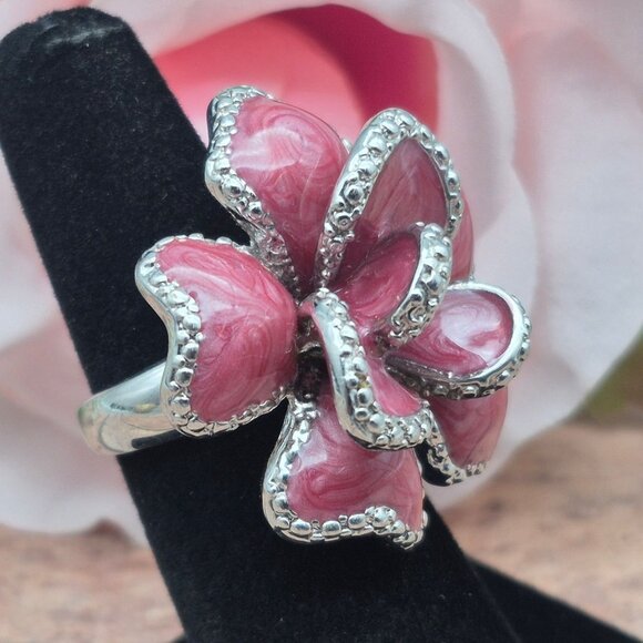Silver Tone & Pink Enamel Large Statement Flower Ring Size 7 Fashion Cocktail - Picture 7 of 8